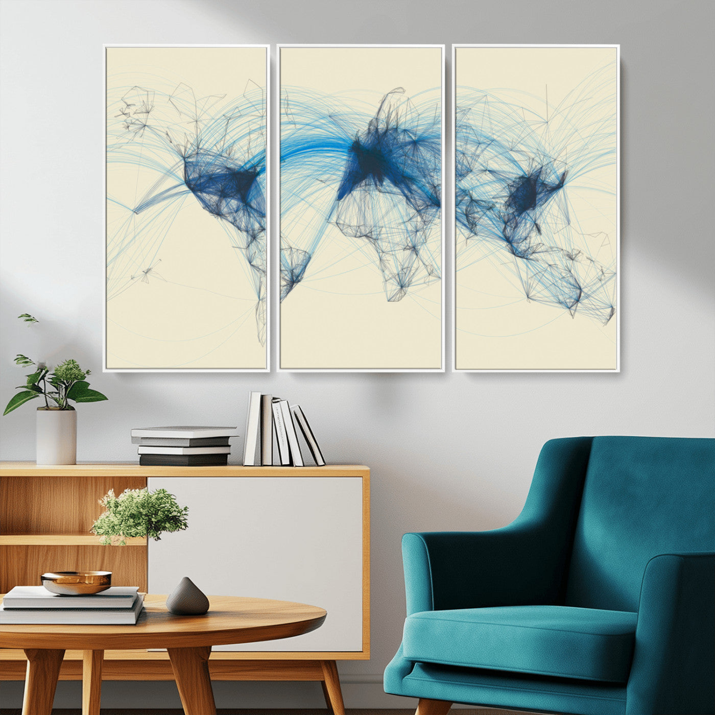 MGV-FC-48X32-3P - Flight Routes Map art Air Traffic Avi World Map with Blue Connections Canvas Wall Art – Modern