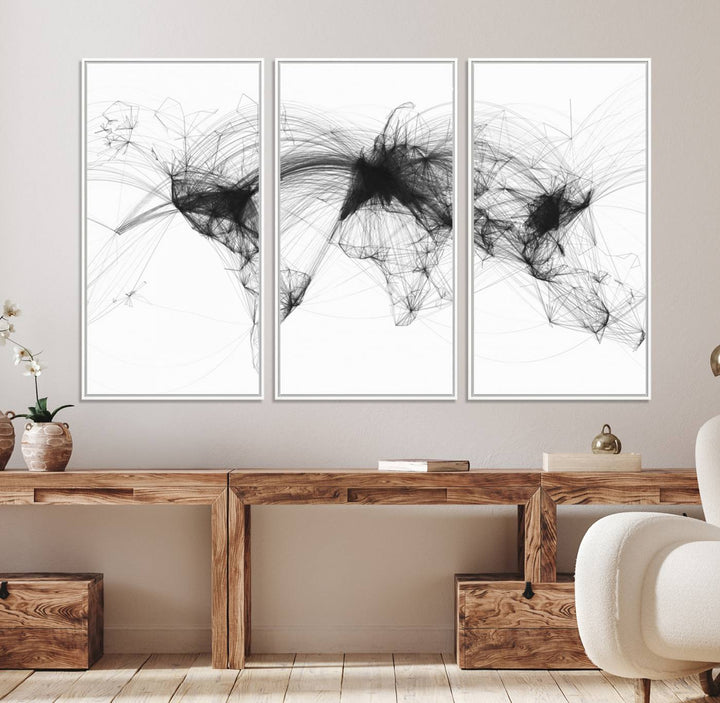 The Flight Routes Air Traffic canvas wall art, framed and ready to hang, is perfect for aviation enthusiasts.