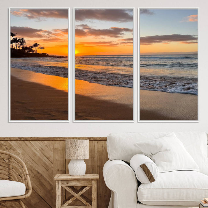 Sunset Wall Art Print featuring a beach sunset with waves and palms, perfect for coastal decor.