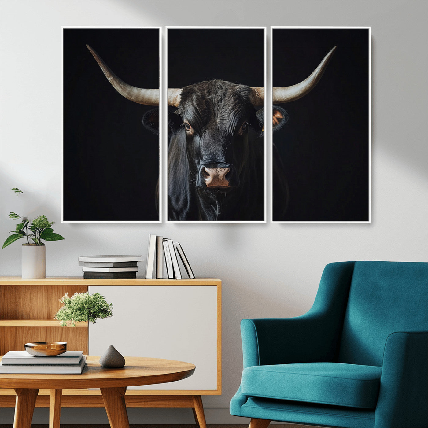 Canvas of a black longhorn bull against a dark background, featuring moody tones and western character for rustic or cowboy-inspired spaces.