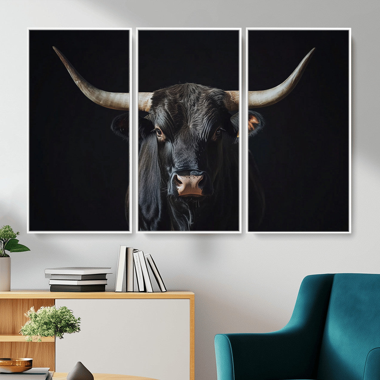 48065167-MGV-CV-36X24 - Texas Longhorn Bull Wall Art Canvas Print – Western Black Bull Art Print for Farmhouse Ranch Decor