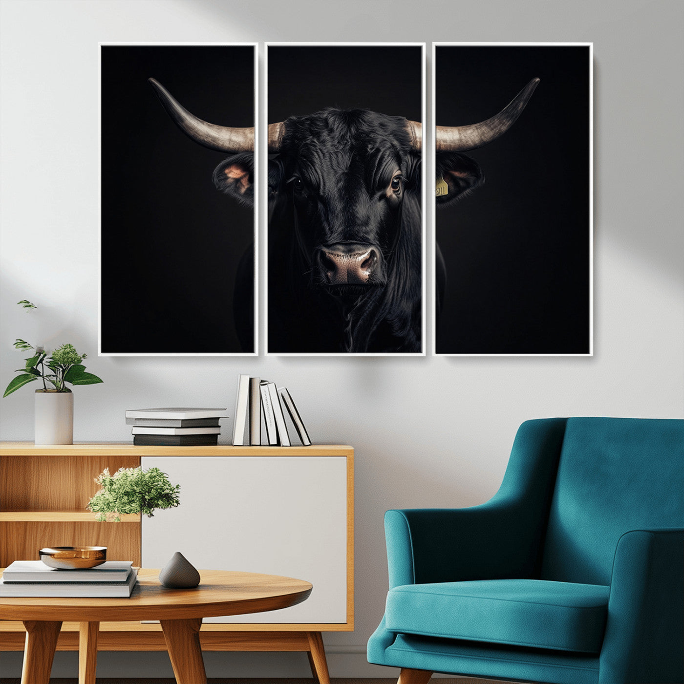 Canvas featuring a black horned bull in moody lighting on a dark background, perfect for western or rustic farmhouse-style home decor.