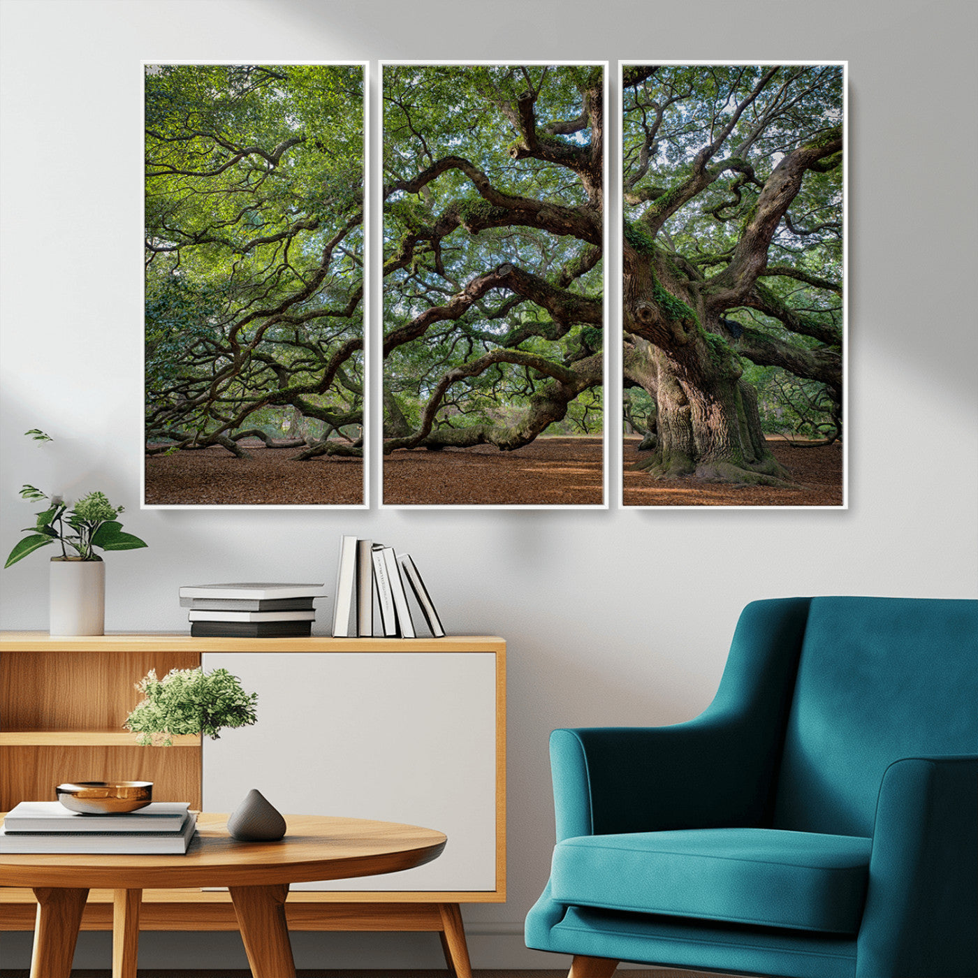 Canvas of the Angel Oak tree with sprawling limbs and mossy bark, ideal for earthy natural or rustic southern-inspired decor.