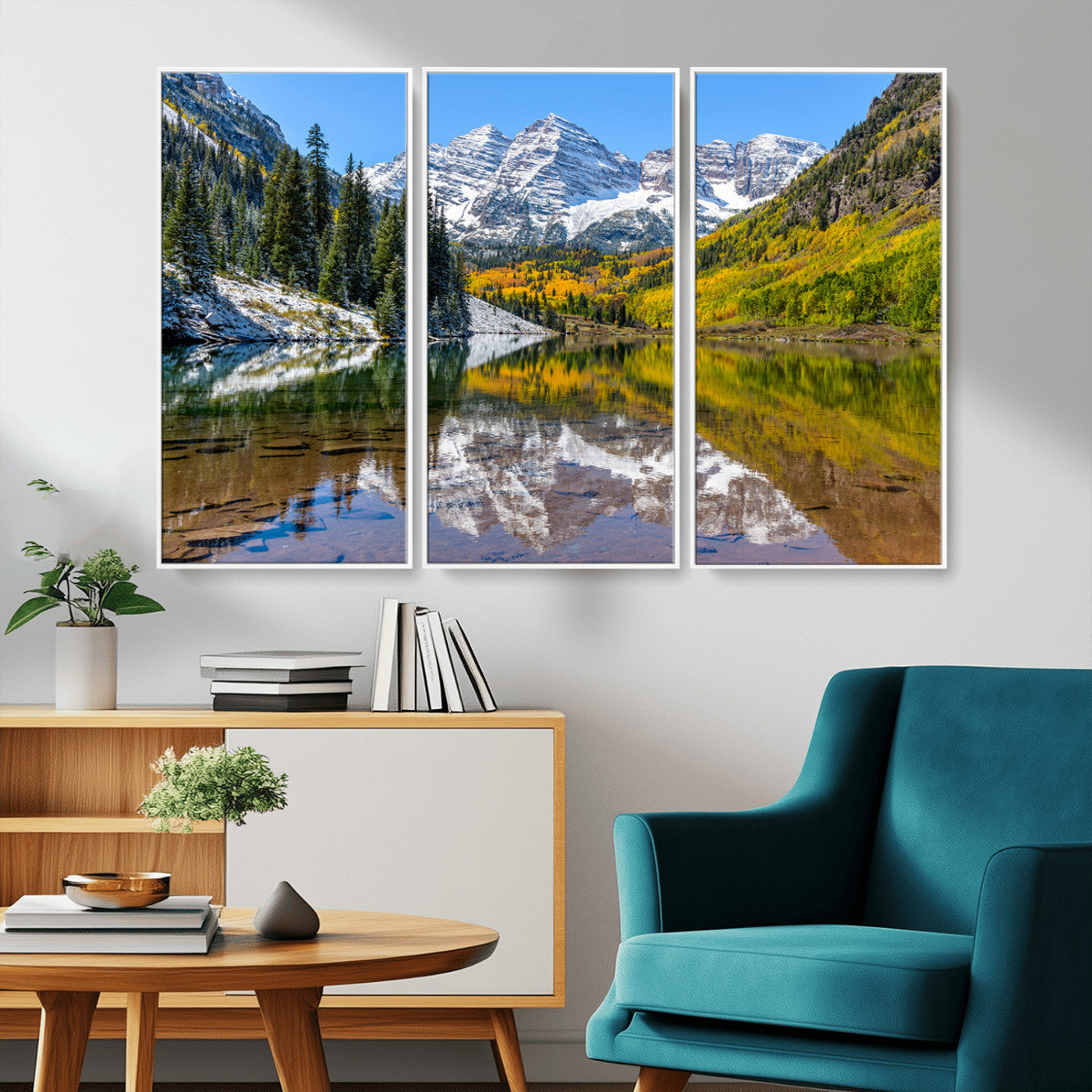Canvas of Maroon Bells reflected in a clear alpine lake, with golden aspens and snowy peaks, ideal for crisp autumn or mountain-themed decor.