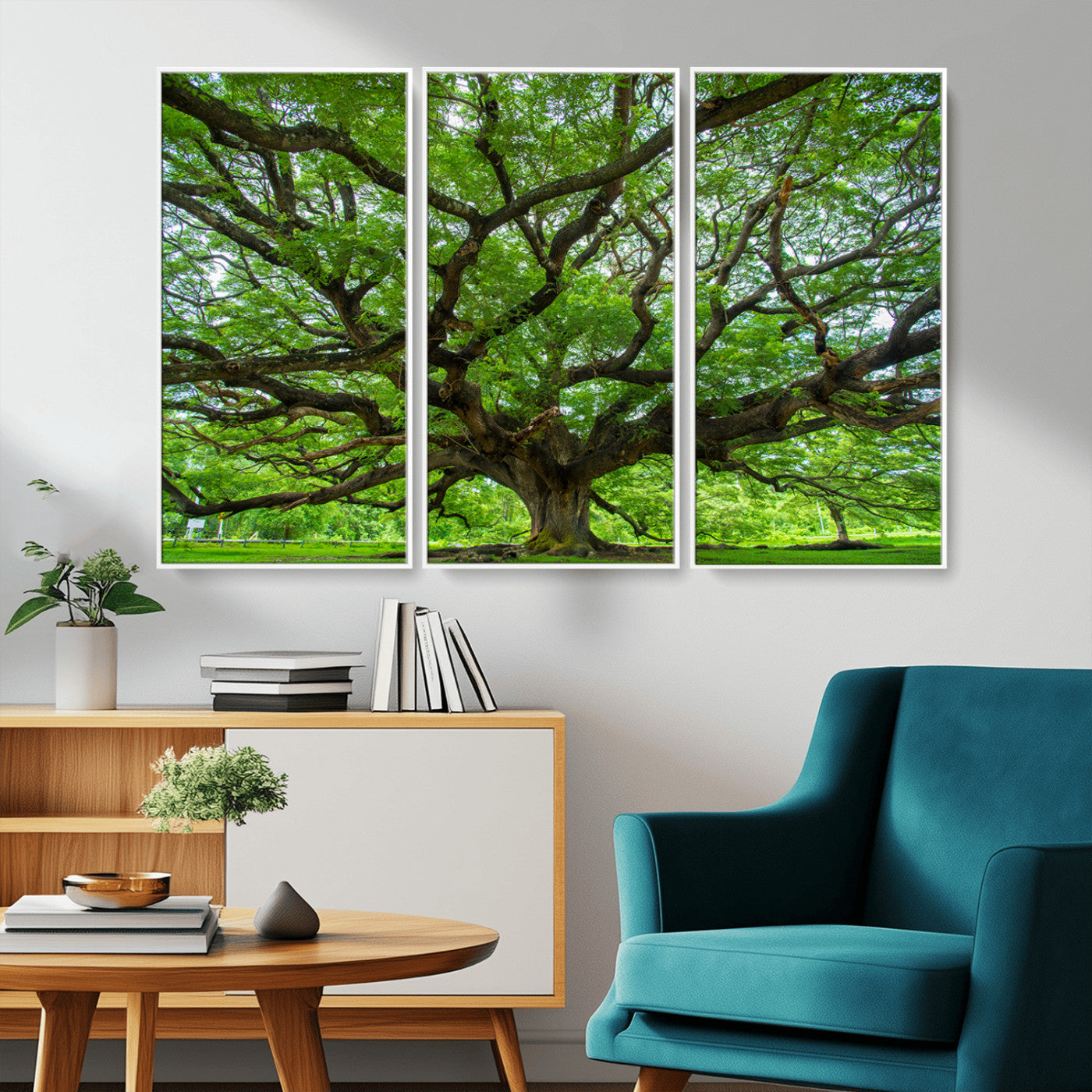 Canvas of an ancient tree with sprawling branches and vibrant green foliage, perfect for earthy, nature-inspired home decor.