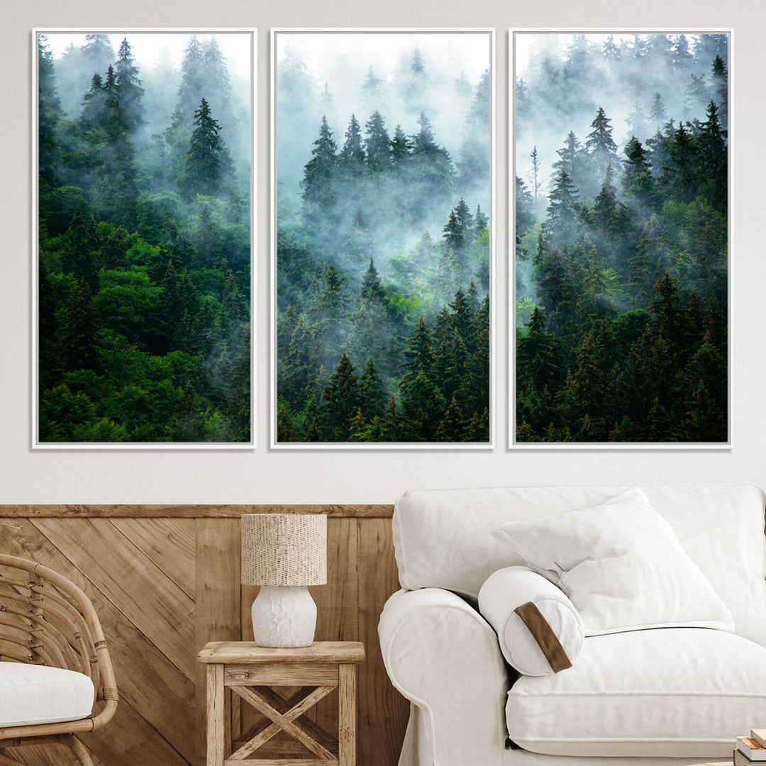Misty Forest Art Wall Art Canvas Print, Foggy Mountain Art Print, Framed Scenic Wall Print Art Print, Large Woodland Canvas Printing Perfect for  Decor