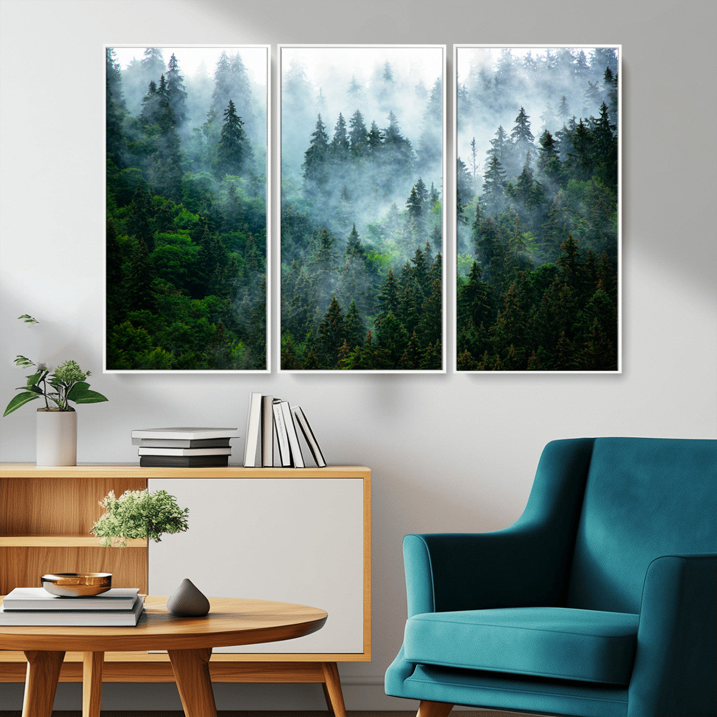 A captivating view of a dense pine forest blanketed in drifting fog, evoking a mystical and tranquil atmosphere.