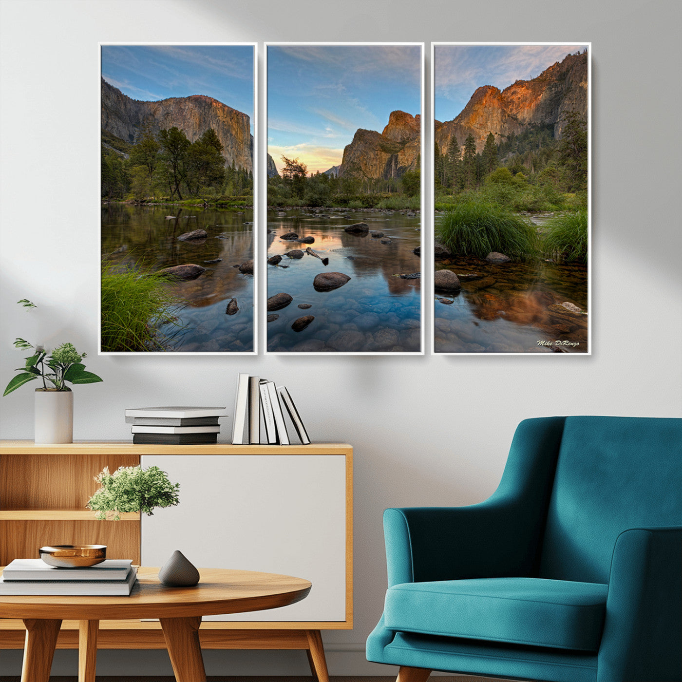 Canvas of Yosemite Valley with El Capitan and sunset reflections in a calm river, perfect for rustic or nature-themed décor.