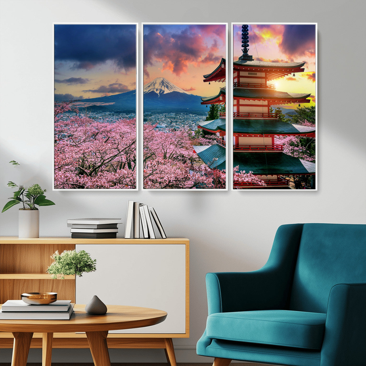 MGV-FC-48X32-3P - Mount Fuji & Cherry Blossom Wall Art Canvas Print – Iconic Japanese Landscape, Sakura Pagoda Sunset,