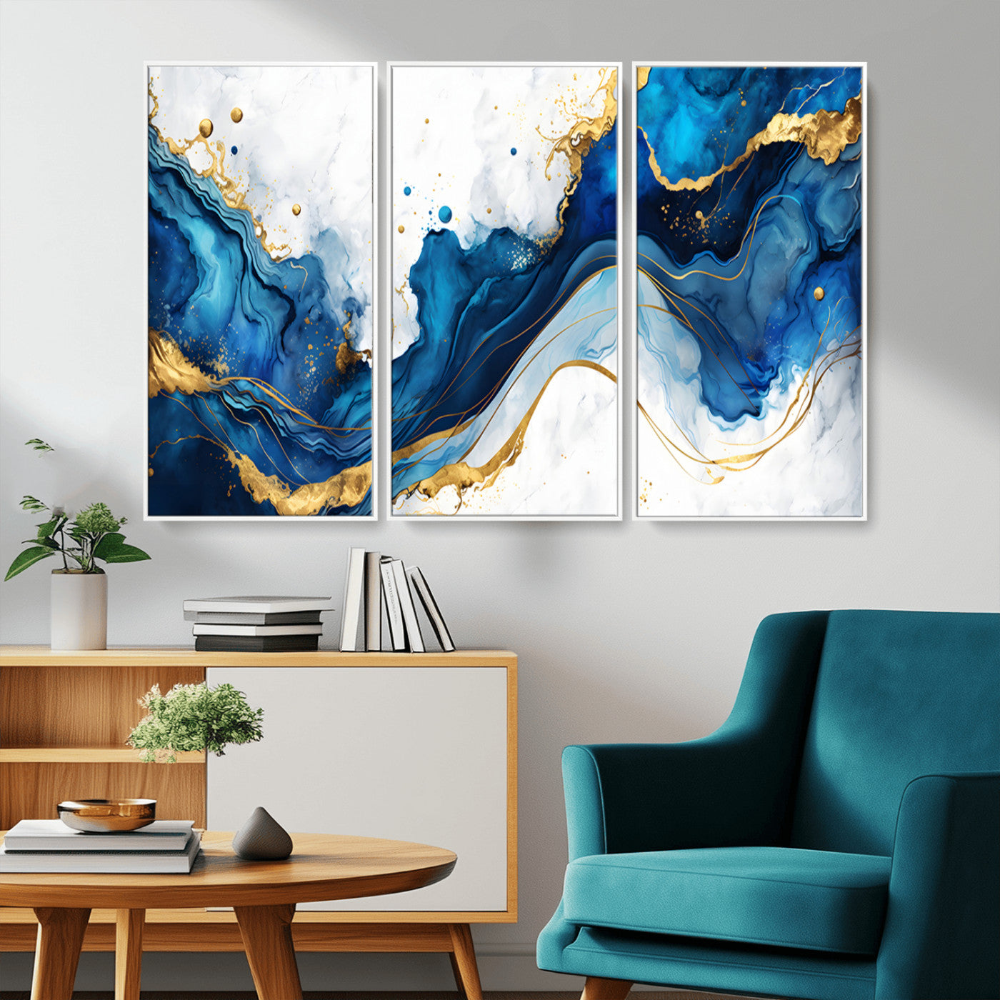 Elegant abstract canvas in cobalt blue and gold tones, featuring marble waves and fluid motion, ideal for luxe interior styling.