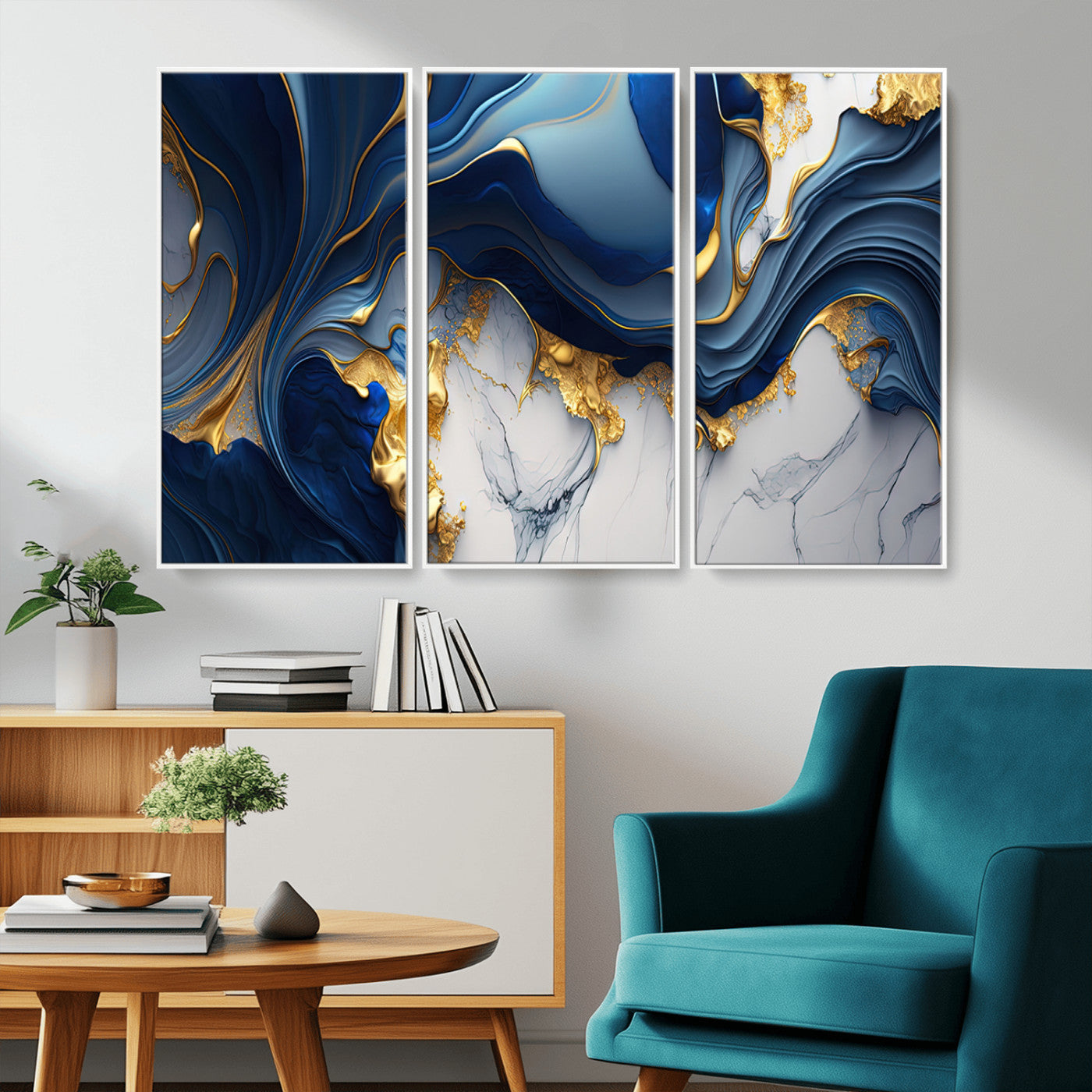 Canvas art with swirling blue marble and gold textures, ideal for elegant glam or modern luxury interior design settings.