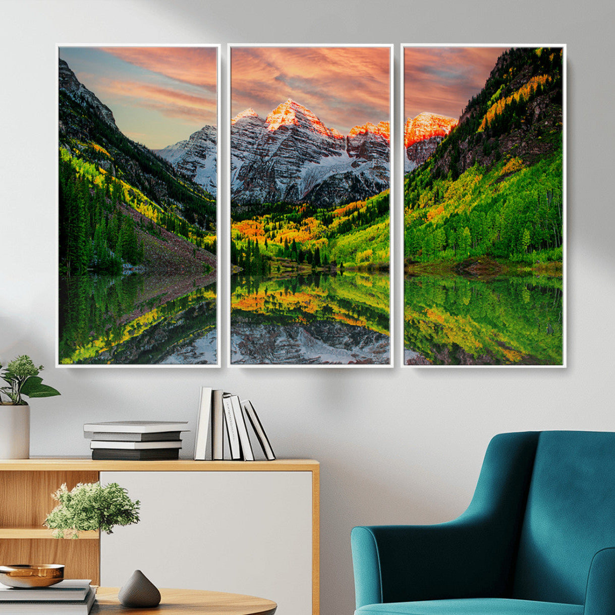 59533484-MGV-CV-36X24-Maroon Bells Lake Wall Art Canvas Print – Framed Majestic Colorado Mountain Scene with Autumn Reflection Artwork for Home, Office
