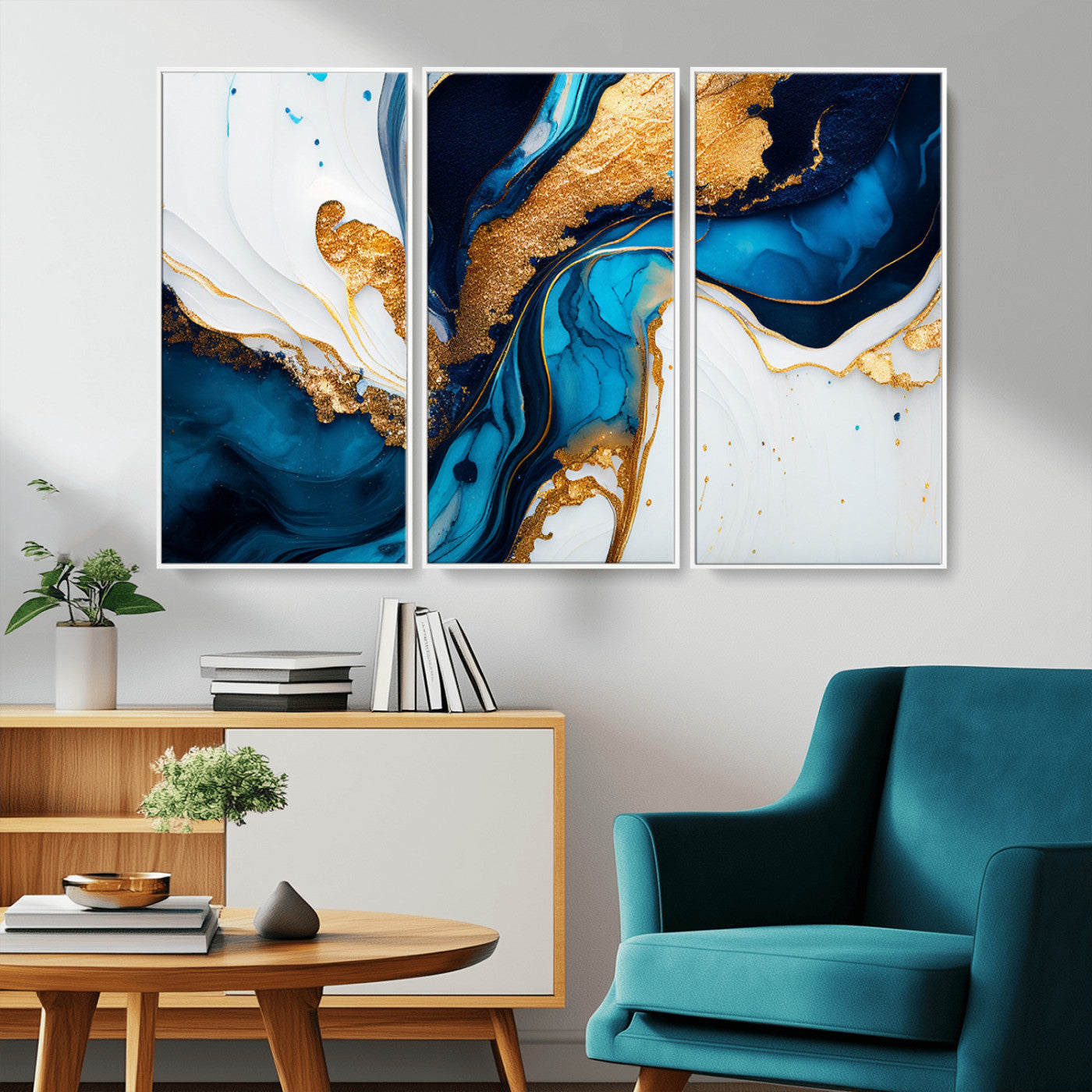 Luxurious abstract canvas in gold, navy, and teal tones with fluid marble patterns, perfect for modern glam or upscale interiors.