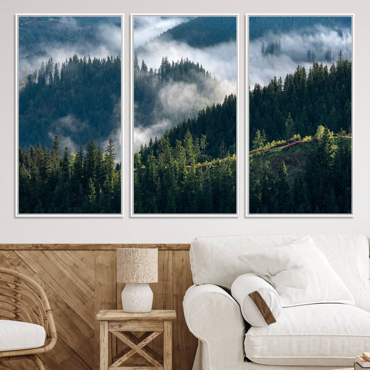 Moody canvas of misty pine forests over layered hills, perfect for cool-toned nature-inspired or woodland-style home decor.