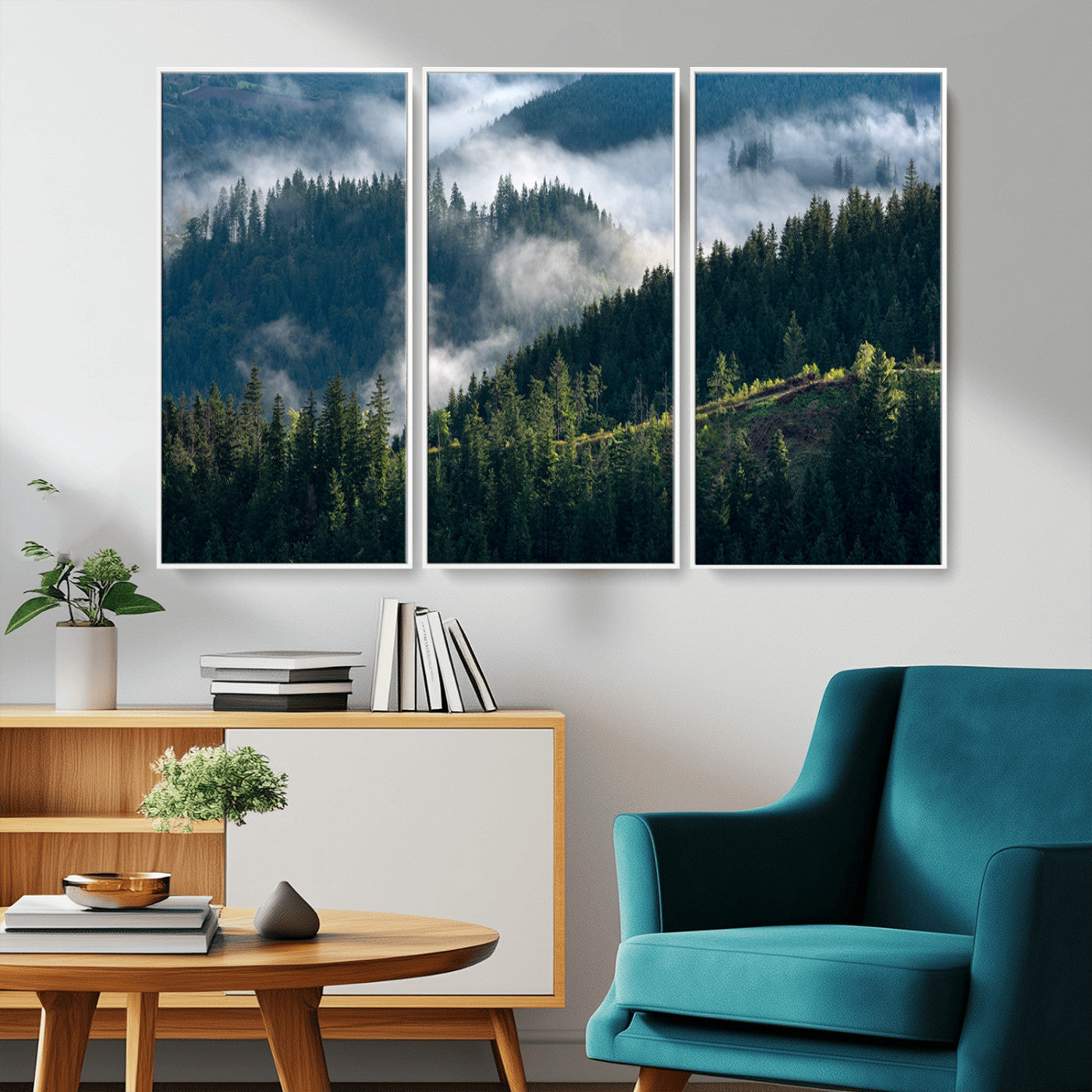 Moody canvas of misty pine forests over layered hills, perfect for cool-toned nature-inspired or woodland-style home decor.
