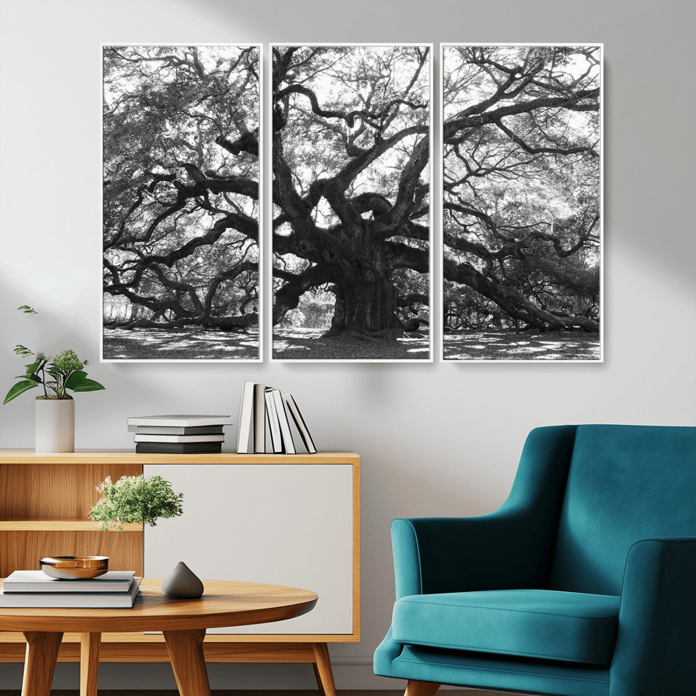 Black and white canvas of an ancient oak tree with sprawling, twisted branches, ideal for moody nature-inspired or rustic decor.