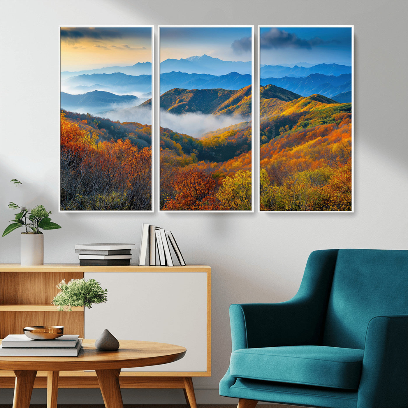 Vibrant canvas of autumn mountains with colorful trees, layered blue ridges, and soft morning fog, ideal for bright nature-themed decor.