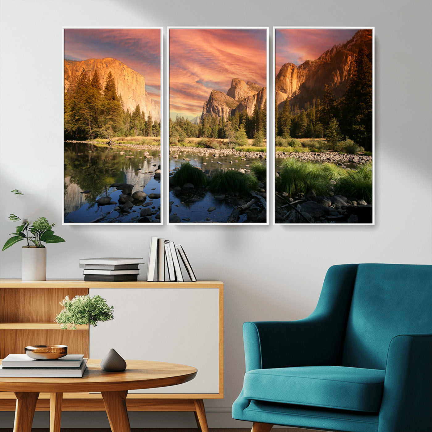 Canvas of Yosemite Valley with El Capitan and sunset sky, featuring vibrant tones ideal for rustic or nature-inspired home decor.