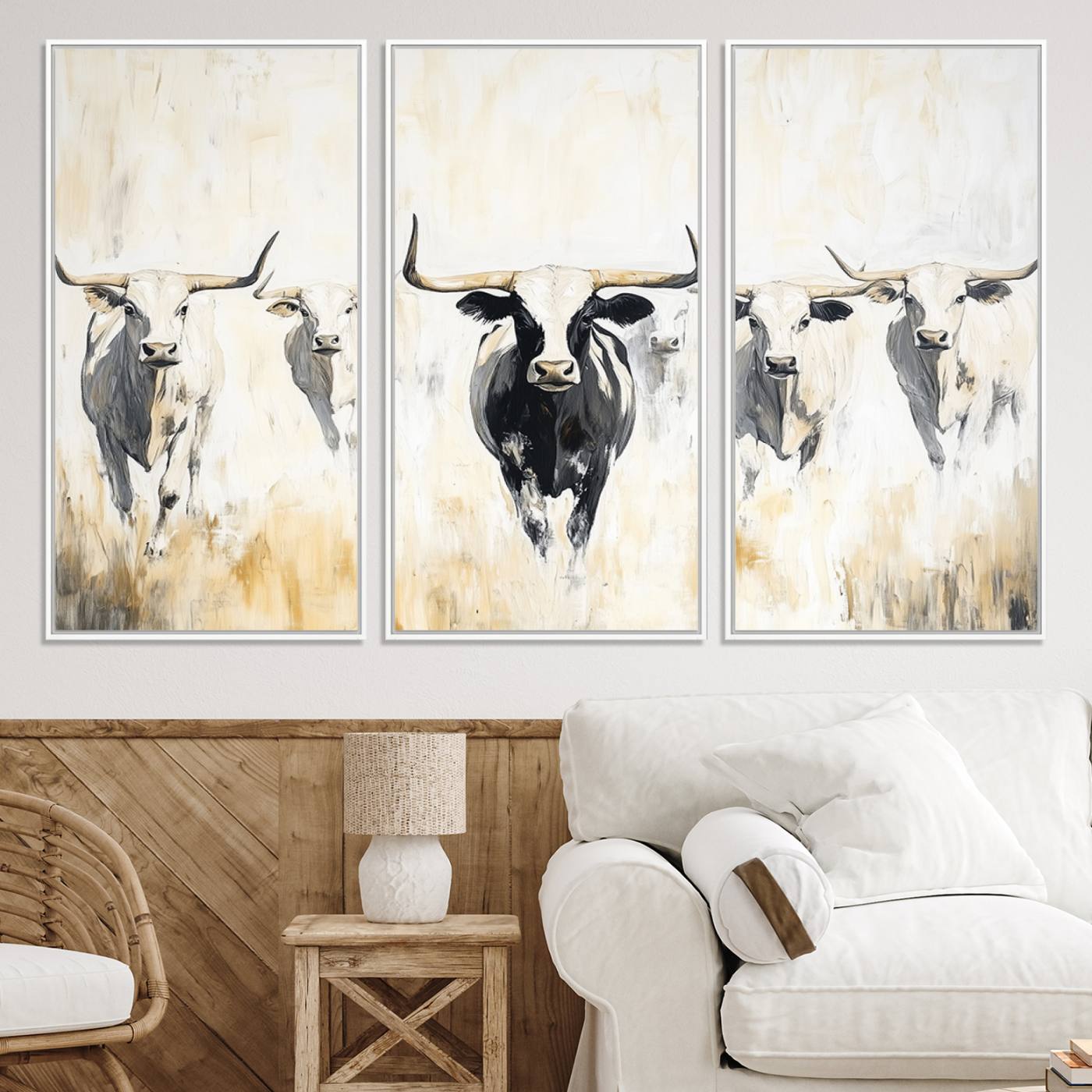 40397799-MGV-CV-36X24-Texas Longhorn Canvas Print, Framed Rustic Herd Art Picture Print, Western Bull Perfect Neutral Western Decor