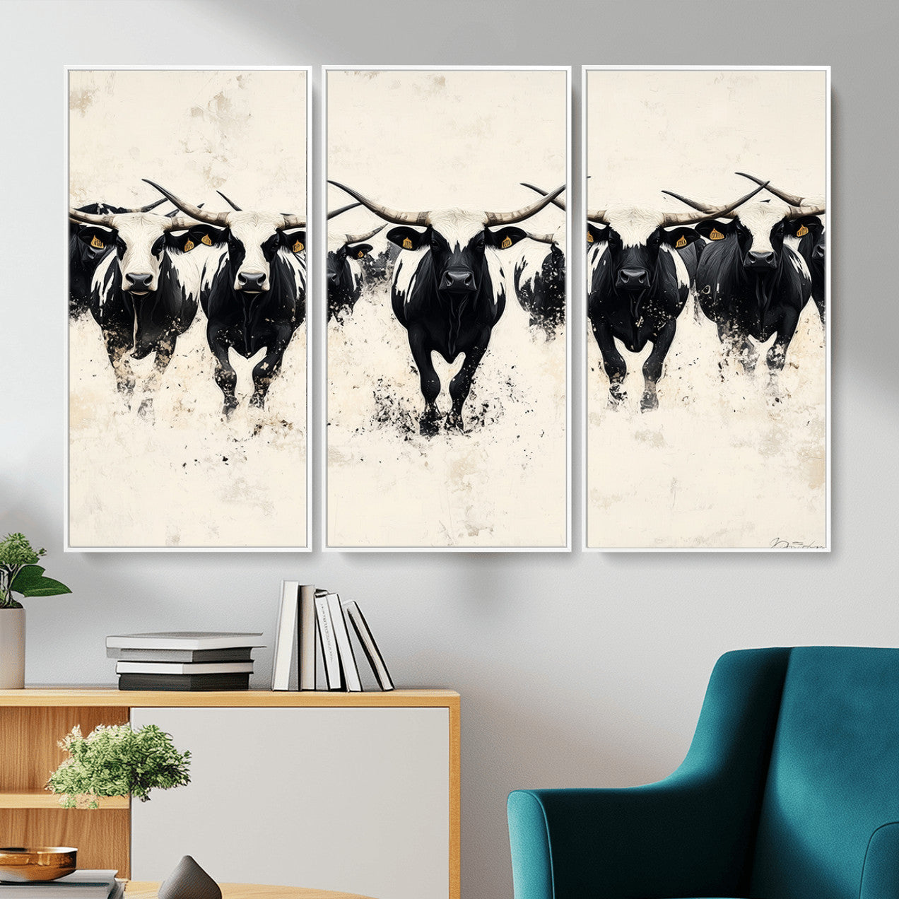 MGV-FC-48X32-3P - Longhorn Cattle Wall Art – Canvas Print of Herd in Motion, Symmetry and Ink Splatter, Minimalist Western Ranch, Bold Rustic Farm Decor