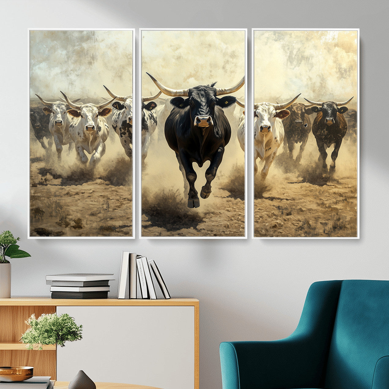 MGV-FC-48X32-3P - Running Cattle Wall Art – Canvas Print of Western Herd, Dust Stampede, Longhorns, Wild West Ranch, Bold Rustic Farm Decor for Home or Office