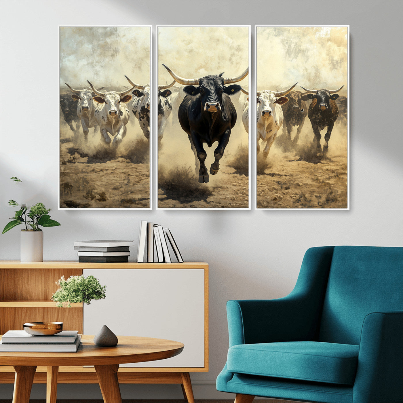 Dynamic canvas showing a Texas Longhorn stampede with earthy tones and bold movement, perfect for rustic or Western-style interiors.