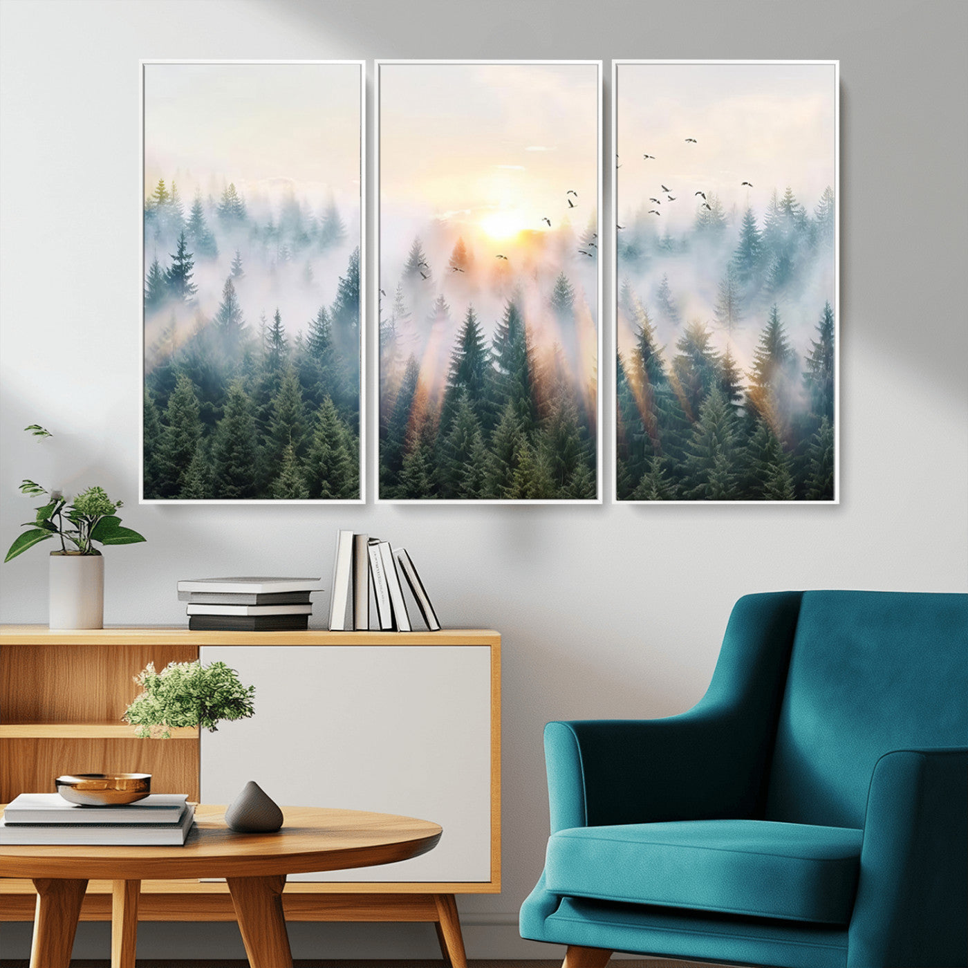 MGV-FC-48X32-3P - Misty Pine Forest Wall Art Canvas, Sunrise Over Foggy Trees Canvas for Home - Office, Framed