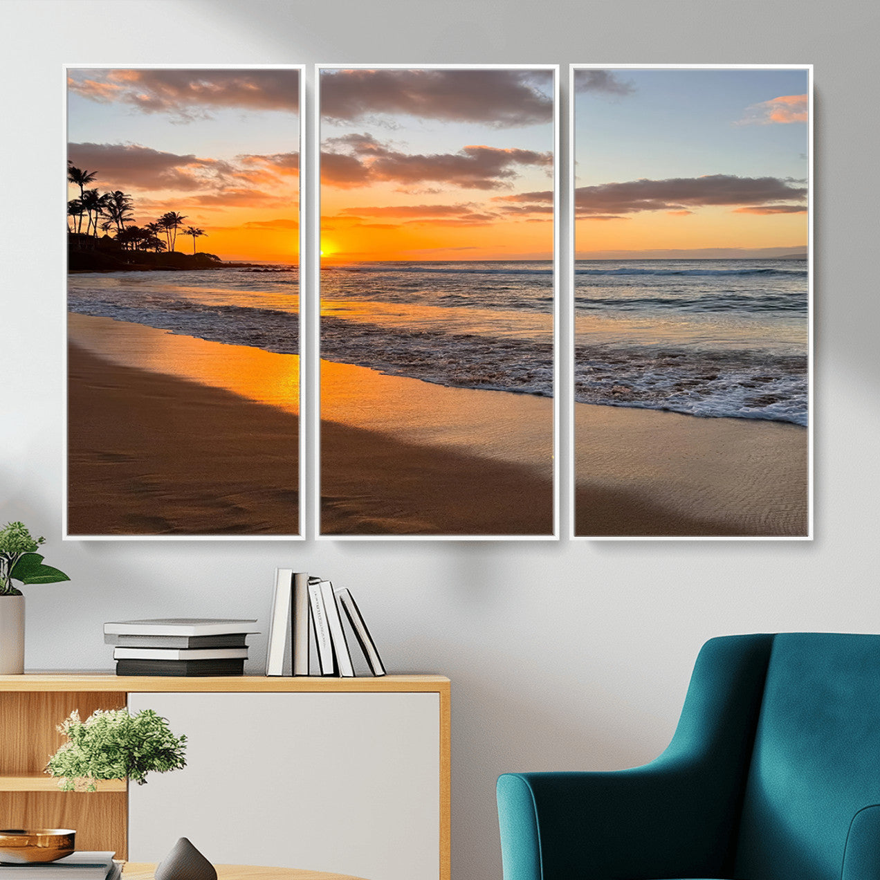 MGV-FC-48X32-3P - Sunset Glow Wall Art – Canvas Print of Ocean Breeze, Golden Sand, Tropical Palm Silhouettes, Tranquil Waves, Beach Nature Decor for Home