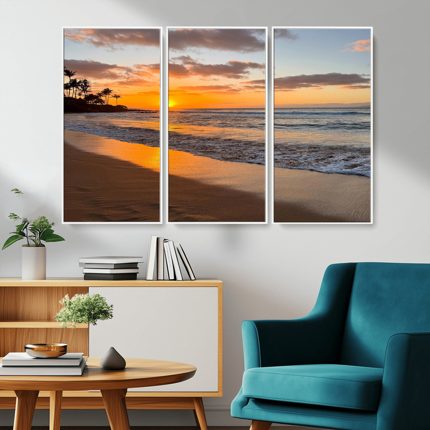 Canvas of a tropical beach at sunset with golden reflections and palm trees, perfect for vibrant coastal or island-style decor.