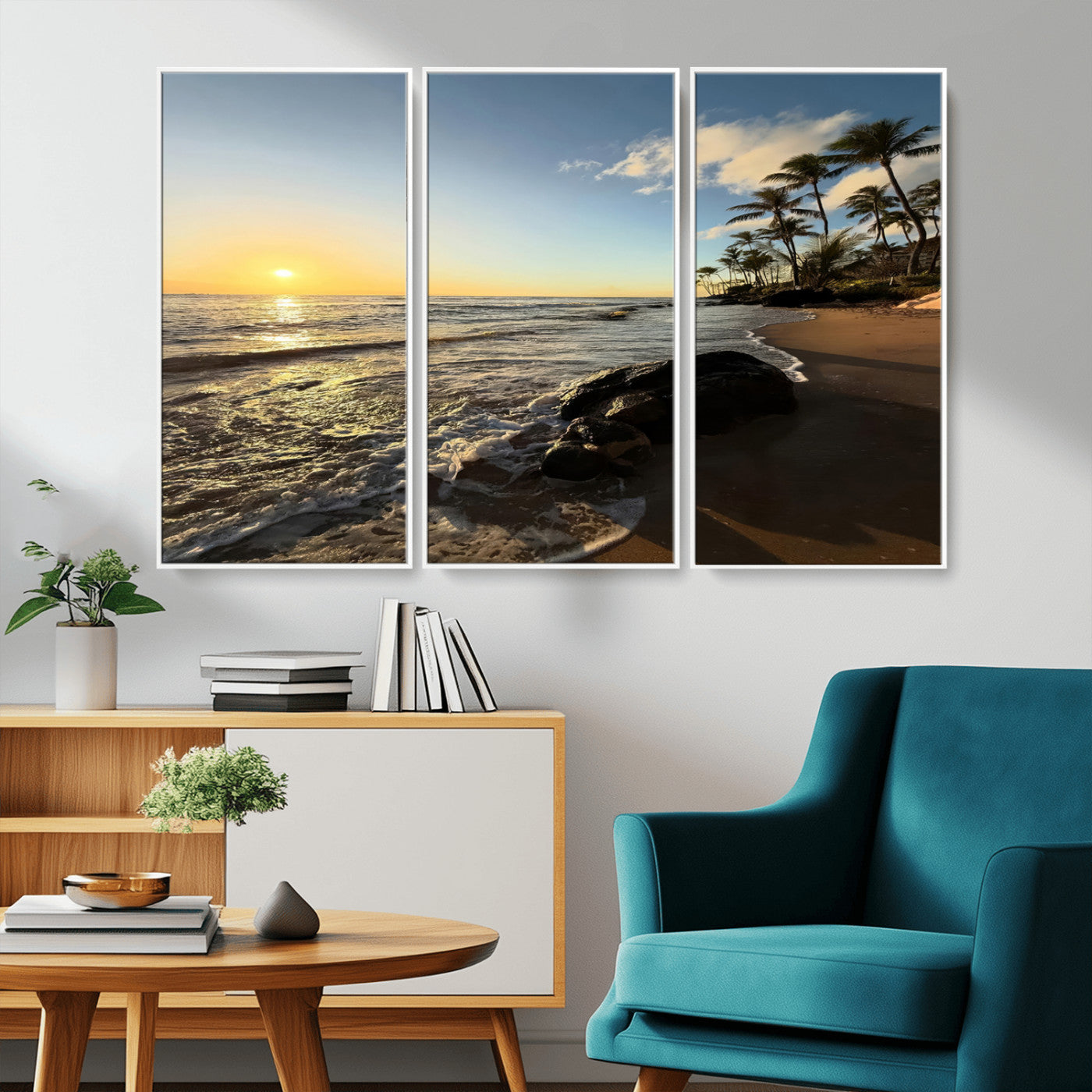 Canvas of a golden sunset on a tropical beach with palm trees and calm waves, perfect for coastal or island-themed home decor.
