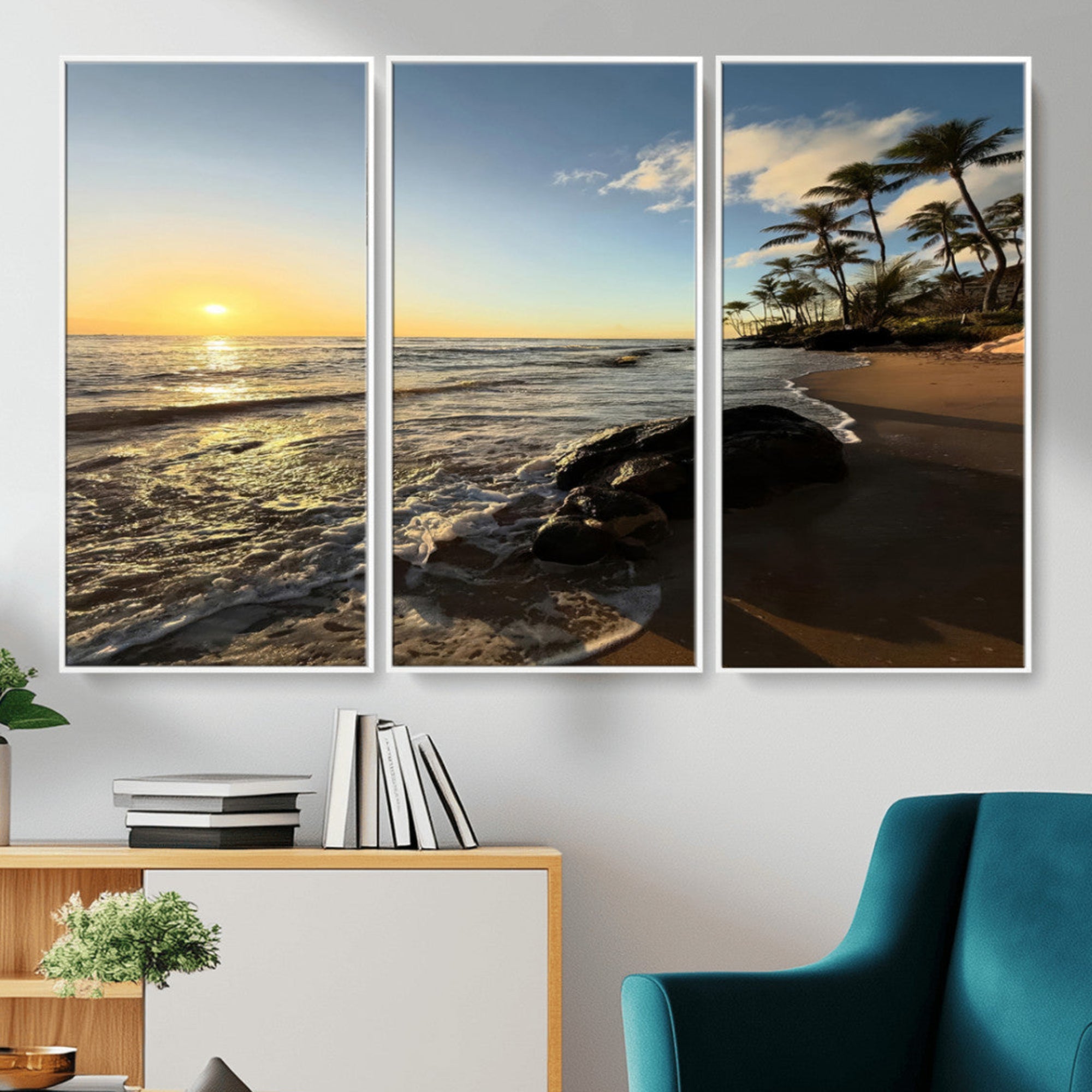 Canvas of a golden sunset on a tropical beach with palm trees and calm waves, perfect for coastal or island-themed home decor.