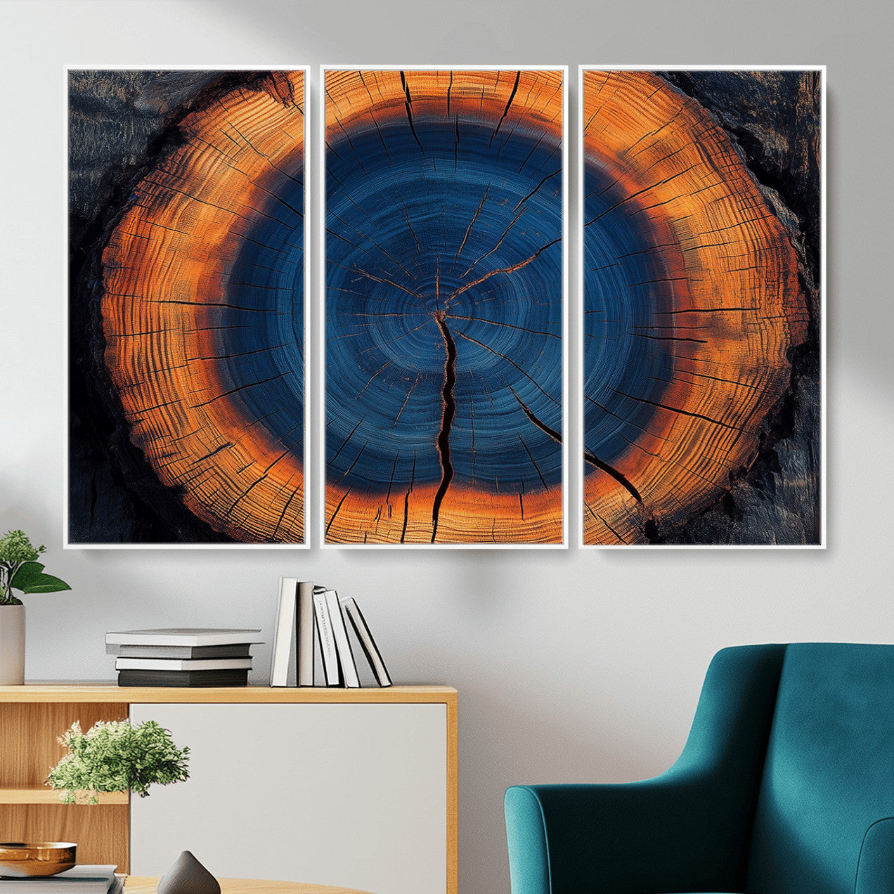 MGV-FC-48X32-3P - Abstract Tree Ring Wall Art Print, Natural Rustic Wood Texture Canvas Print, Framed Tree Ring Printing, Wood Tree Stump Artwork Canvas Print