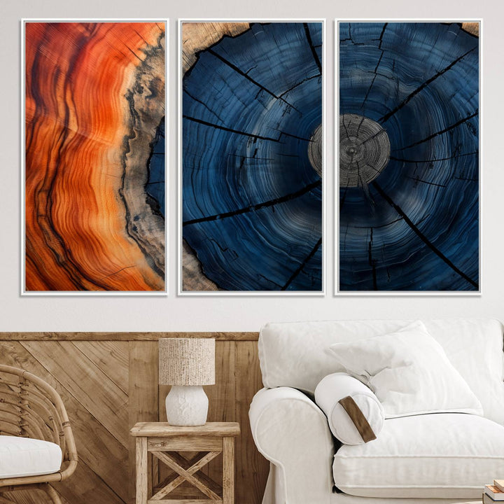 Abstract Tree Rings Canvas Print with vibrant colors—ideal farmhouse wall art for a woodland-themed home.