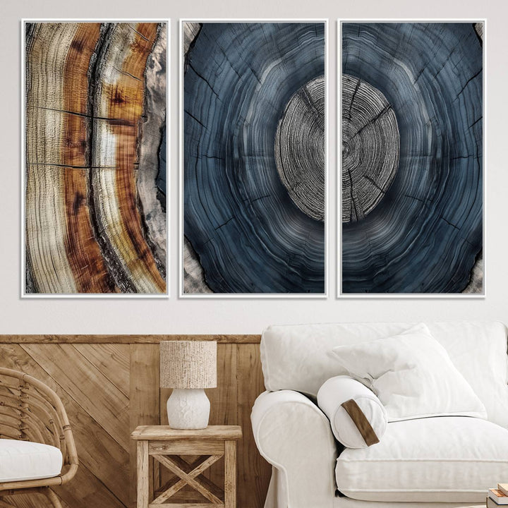 Close-up of the Abstract Tree Rings Wall Art Print featuring shades of blue, brown, and gray.