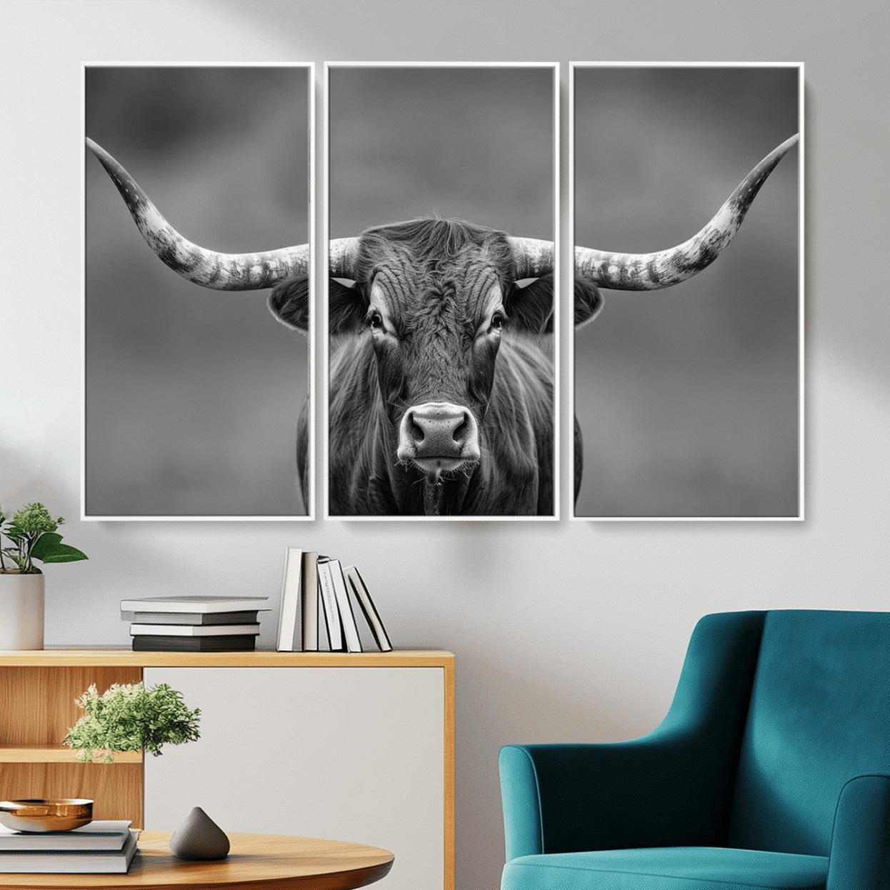 81228550-MGV-CV-36X24-Texas Longhorn Wall Art Canvas Print – Framed Western Bull Ranch Photography Rustic Country Farm Decor Artwork for home, office