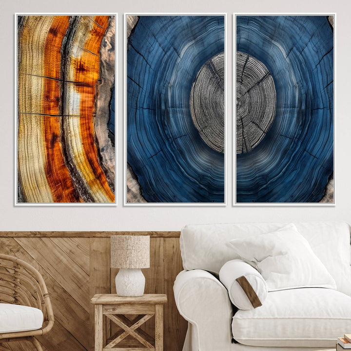 Vibrant Abstract Tree Rings in Orange, Brown, and Blue - Canvas Print for Nature Woodland Wall Decor.