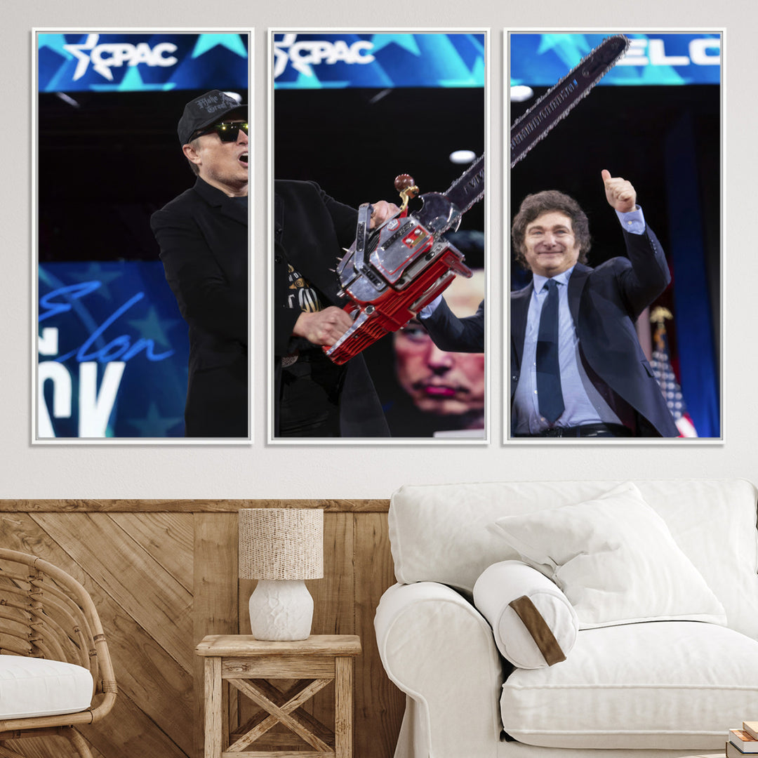 The wall art in the living room is an Elon Musk Chainsaw Art Print, depicting two men with chainsaws on stage in front of a vibrant crowd.