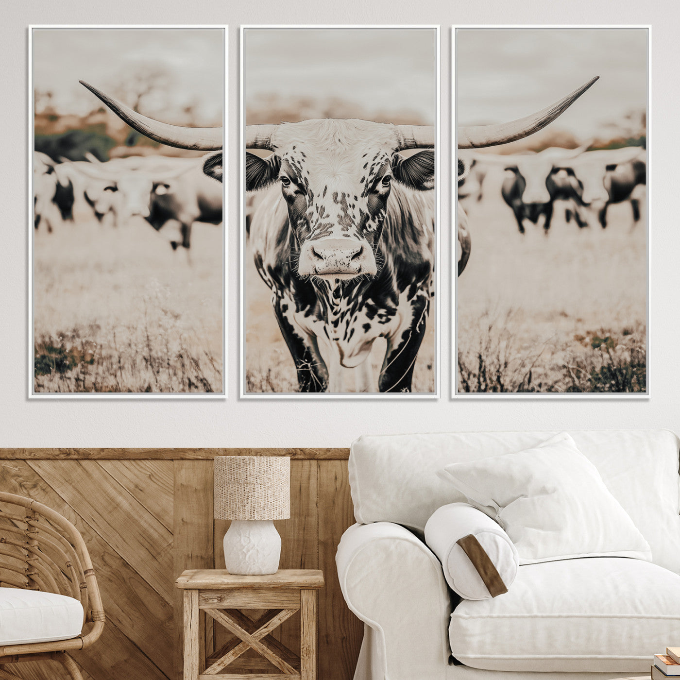 27497342-MGV-CV-36X24-Texas Longhorn Wall Art Canvas Print, Framed Speckled Cow Art Picture Print, Horned Cattle Perfect Rustic Western Decor Artwork