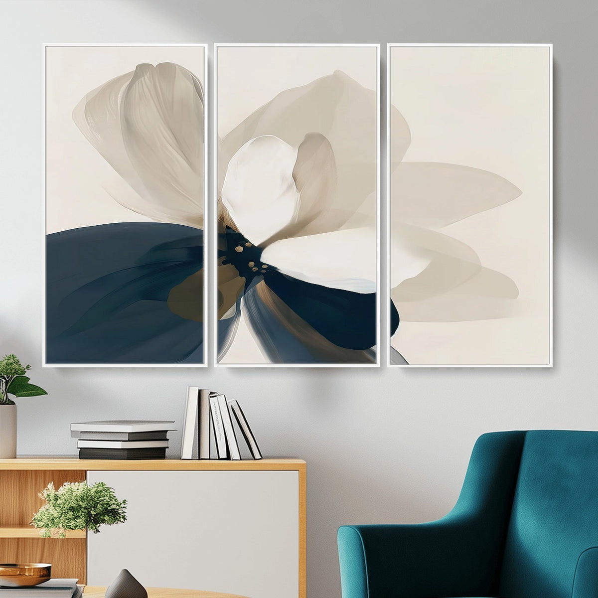 42188901-MGV-CV-24X16 - Minimal Flower Wall Art Canvas Print | Framed Beige and Navy Bloom