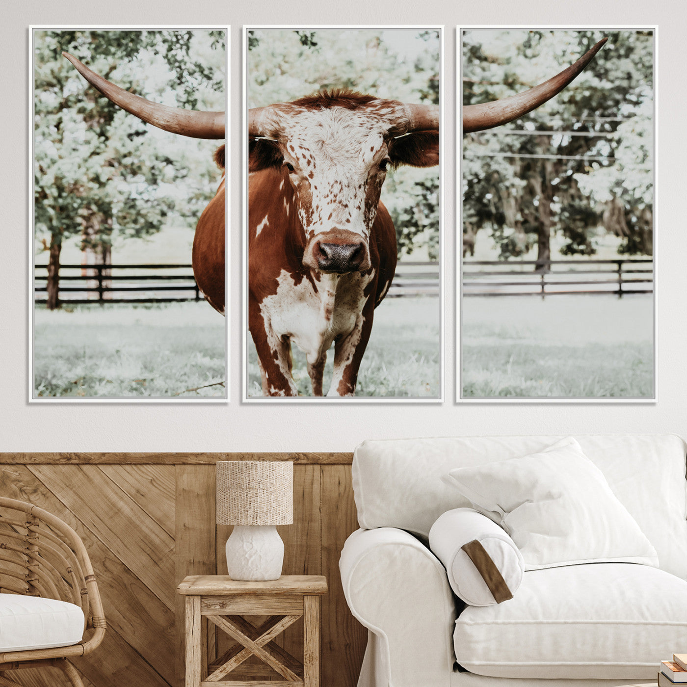 54757537-MGV-CV-36X24-Texas Longhorn Wall Art Canvas Print, Framed Spotted Cow Art Picture Print, Horned Cattle Perfect Rustic Western Decor Artwork