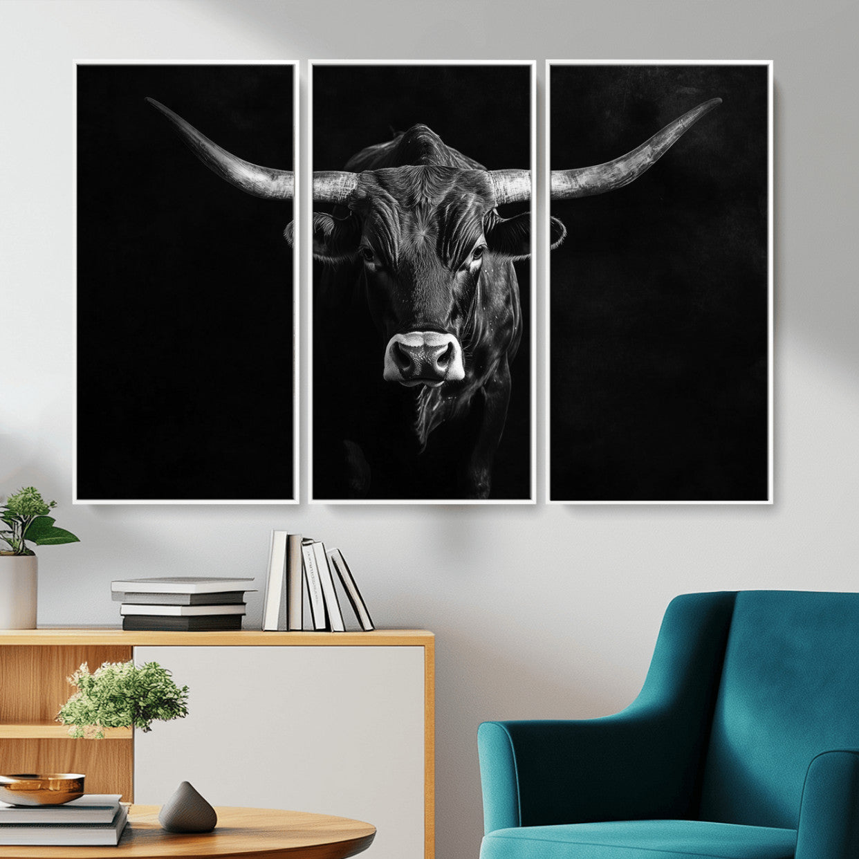 42077175-MGV-CV-36X24-Texas Longhorn Wall Art Canvas Print – Framed Monochrome Horned Bull Rustic Western Cattle Artwork for Home, Office
