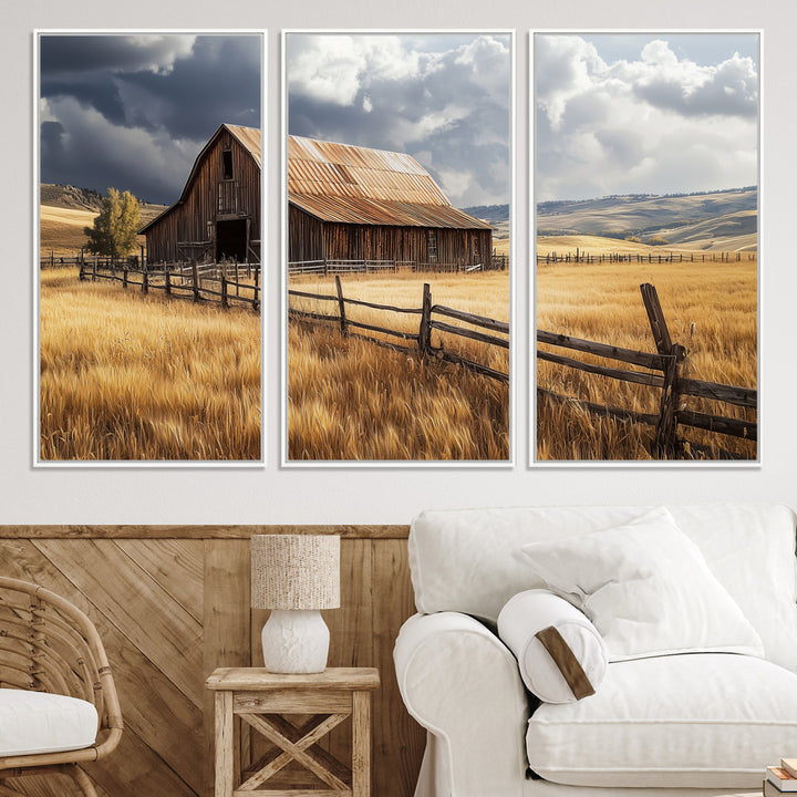 Canvas of a weathered wooden barn in a golden field under a dramatic sky, perfect for rustic or farmhouse-style wall decor.