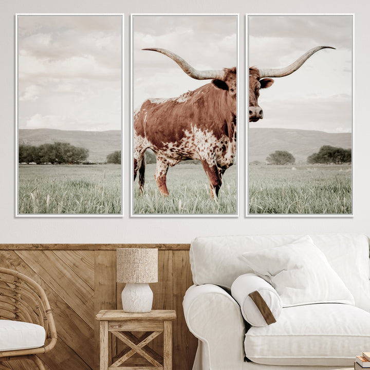 Texas Longhorn Wall Art Canvas Print, Framed Spotted Cattle Art Picture Print, Horned Bull Perfect Rustic Western Decor Artwork