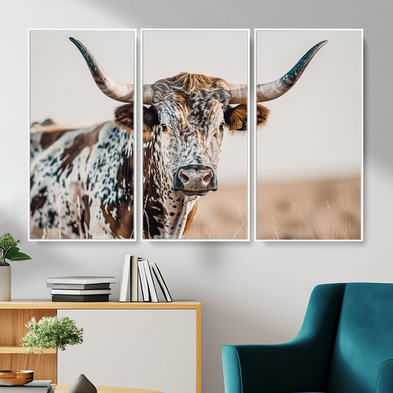 70414966-MGV-FC-48X32-3P - Majestic Longhorn Wall Art – Canvas Print of Strong Stance Intricate Fur & Sharp Horns Rustic Elegance & Timeless Wild Beauty Decor for Living Room, Office or Bedroom