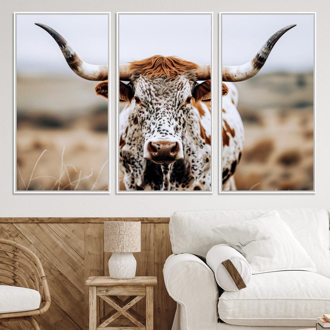 Texas Longhorn Wall Art Canvas Print, Framed Spotted Cow Art Picture Print, Horned Cattle Perfect Rustic Western Decor Artwork