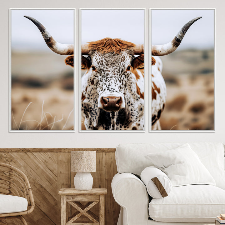 Texas Longhorn Wall Art Canvas Print, Framed Spotted Cow Art Picture Print, Horned Cattle Perfect Rustic Western Decor Artwork