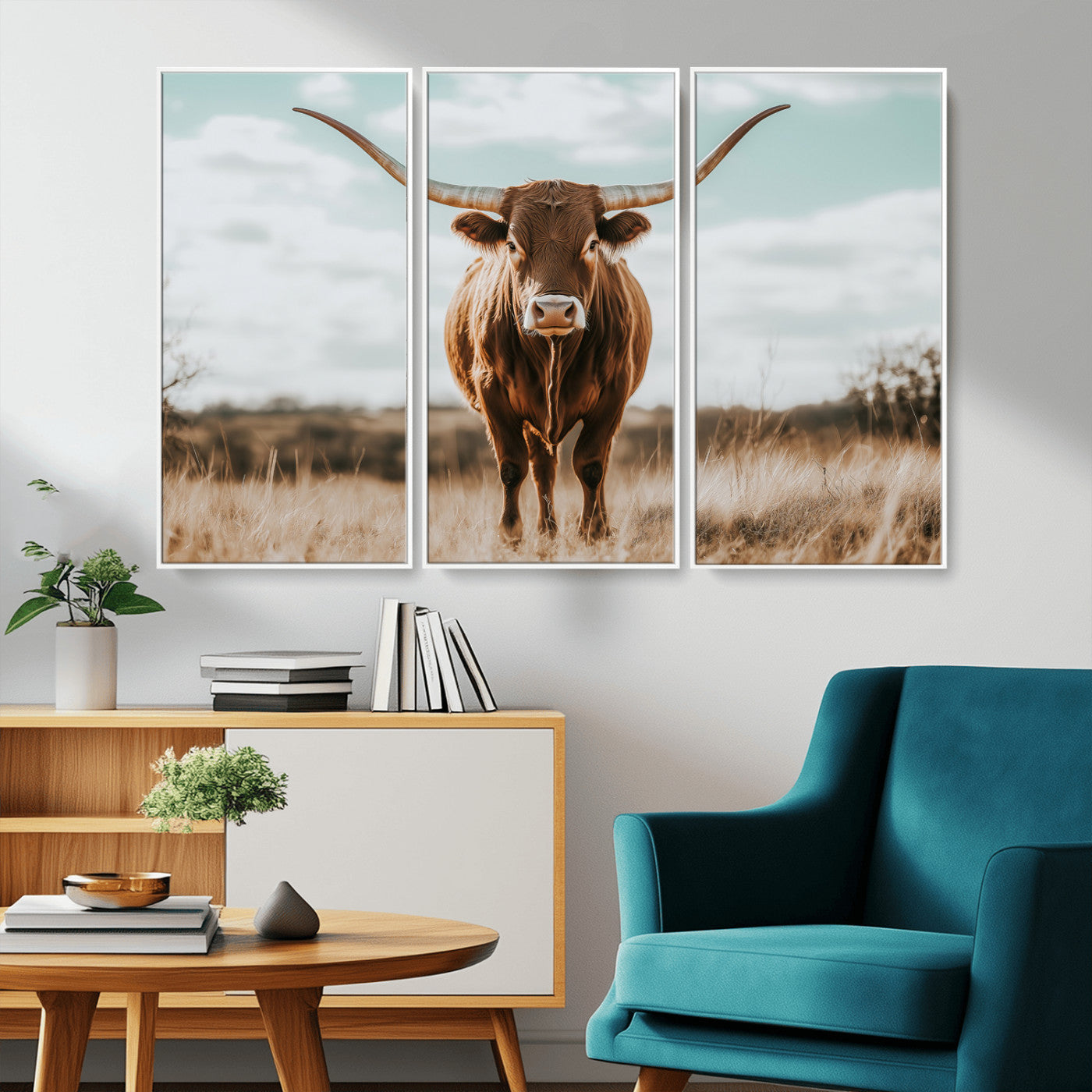 Texas Longhorn standing in a golden prairie under soft skies, ideal for rustic or western-style decor with warm natural tones.