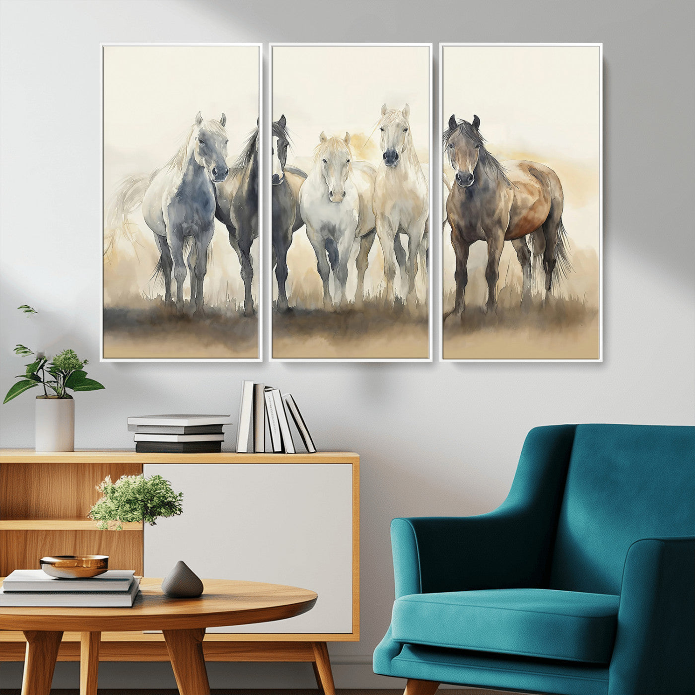 Watercolor illustration of five wild horses in soft neutral tones, perfect for rustic or western-style home decor with a calming natural vibe.