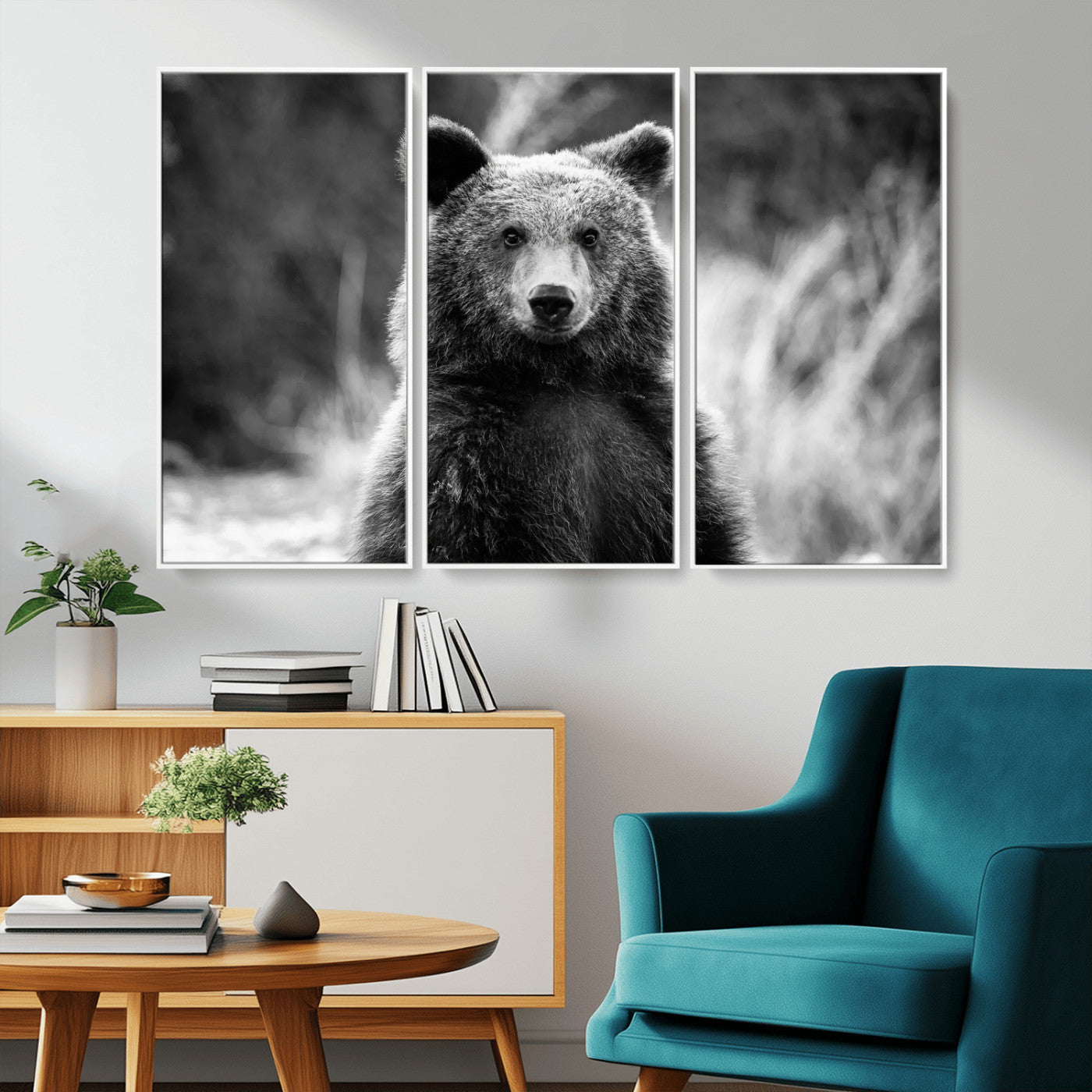 Black and white portrait of a grizzly bear with sharp detail and intense gaze, ideal for neutral-toned wildlife or rustic nature decor.