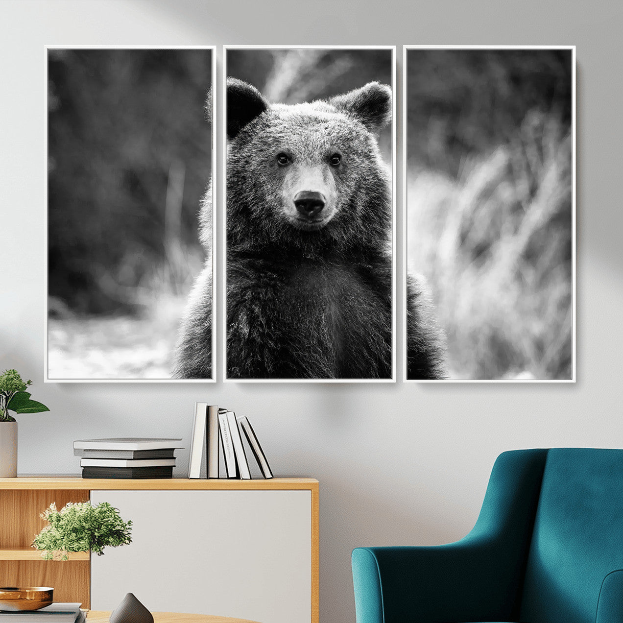 55656803-MGV-CV-36X24-Grizzly Bear Wall Art Canvas Print – Framed Black White Wildlife Rustic Nature Artwork for Home, Office Decor